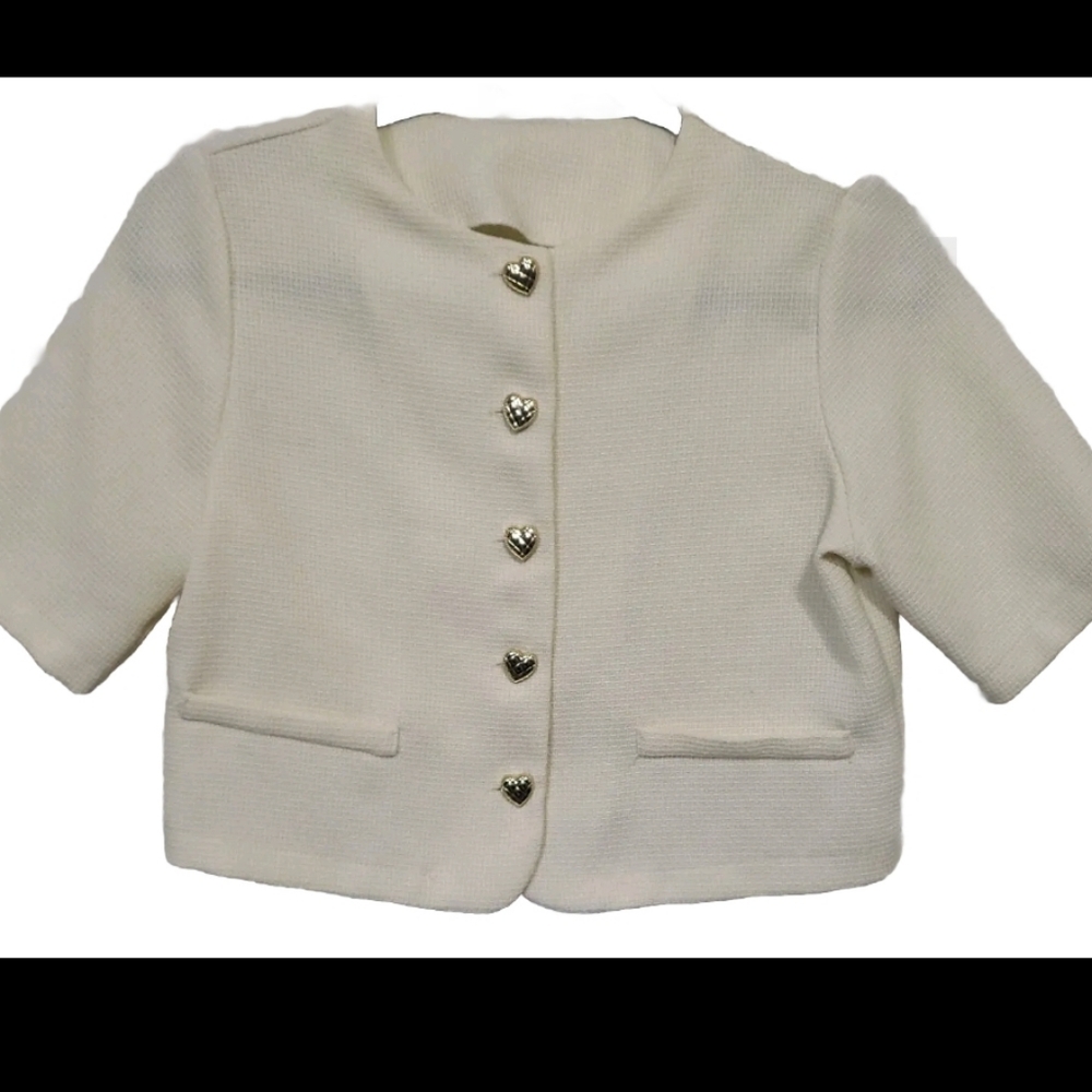 Dazy Women's Short Sleeve Textured Jacket with Golden Heart Buttons